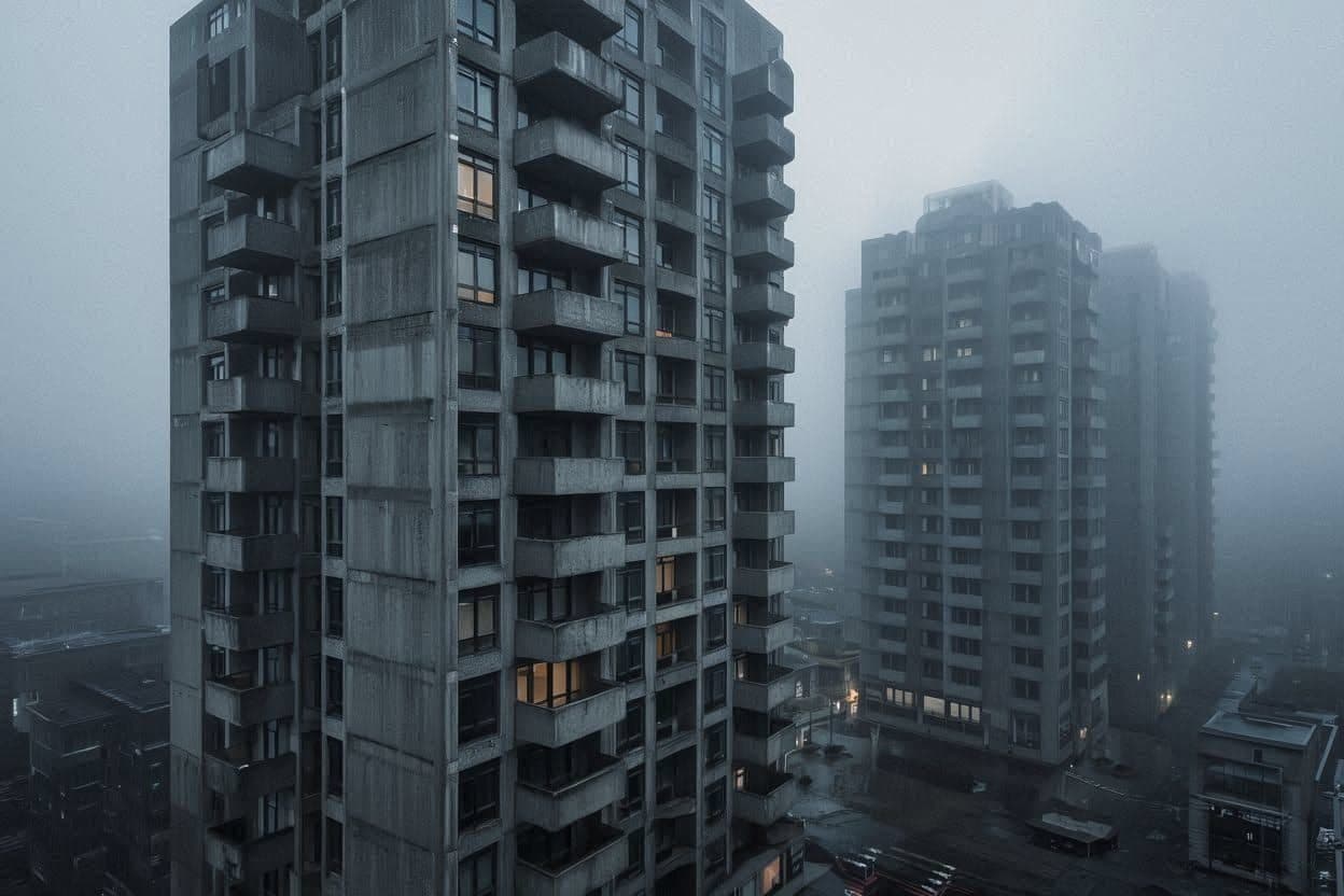 Concrete apartment towers fading into fog